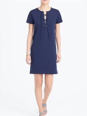 J.CREW WOMENS NAVY LACE-UP SHORT SLEEVE DRESS SIZE L